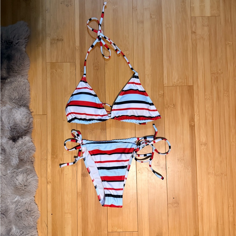Striped Tie-Side Triangle Bikini Set - Red, White & Black